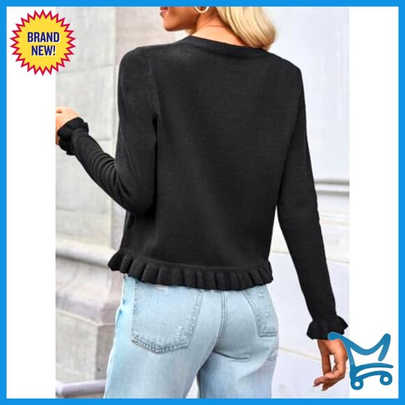 Cropped Cardigan Sweater Long Sleeve Ruffle Crew Neck Button Up Soft Knit - Picture 4 of 7